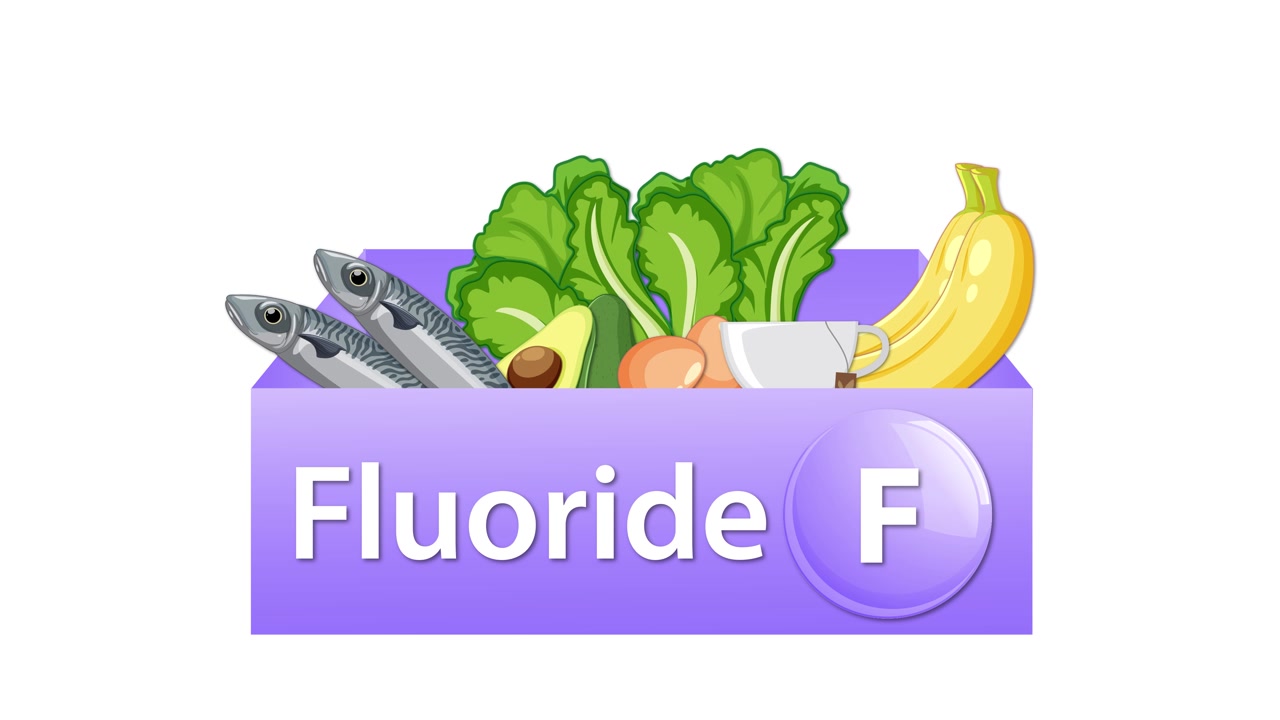 Animazione di una confezione viola di nutrienti con la scritta fluoruro che si riempie di pesce, verdure e frutta su sfondo bianco