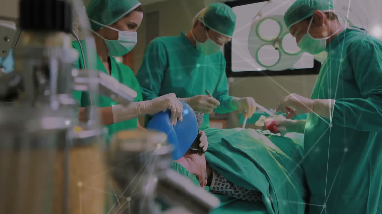 Performing surgery, medical team with network connections animation in operating room