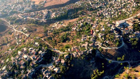 Aerial-of-historic-city-of-Gjirokaster-in-Albania-during-sunrise