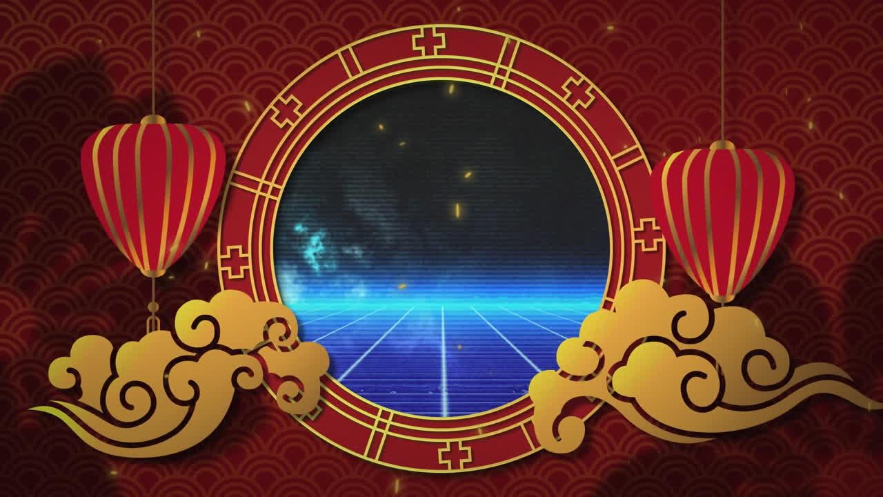 animación de lámparas rojas y doradas sobre el paisaje digital