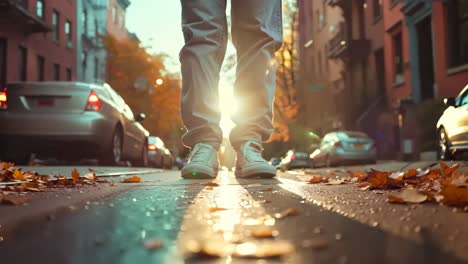 a person walking down a city street with their feet in the air