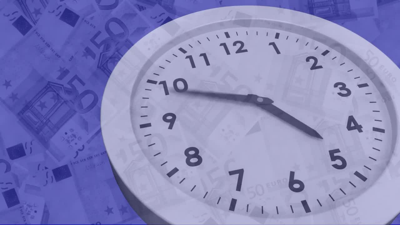 Digital animation of clock ticking against euro bills in background