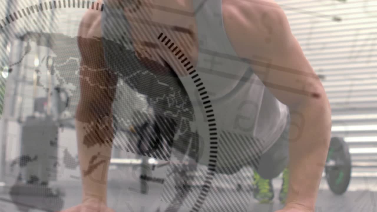 Camera starting low while man doing push-ups on gym mat, HUD overlay measuring fitness performance