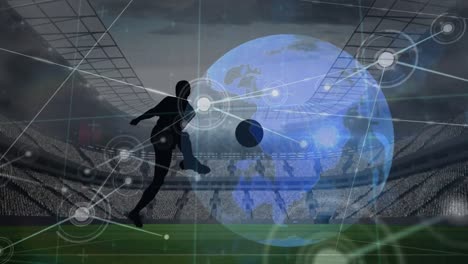 Animation-Von-Verbindungen-über-Der-Silhouette-Eines-Männlichen-Fußballspielers-Im-Stadion