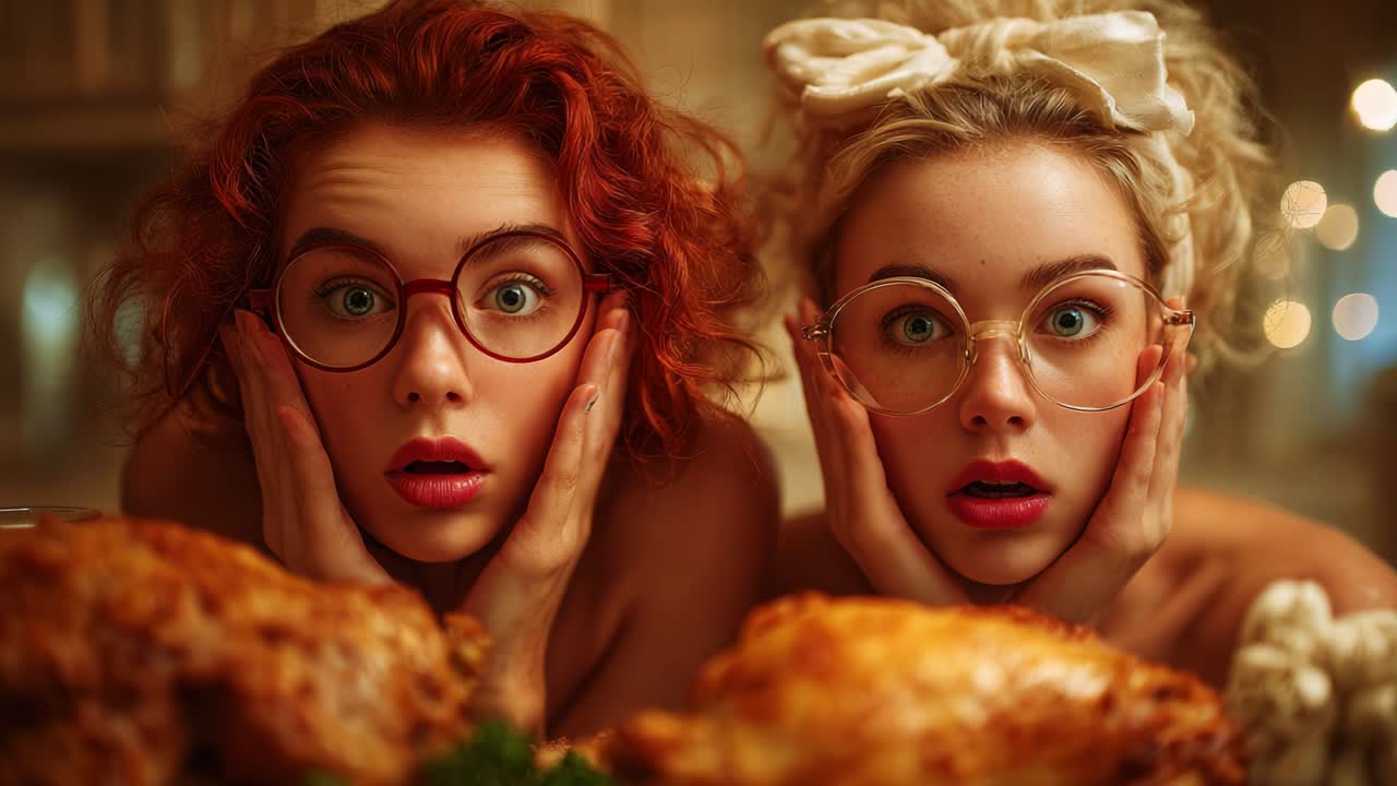 Two Surprised Young Women with Red and Blonde Hair in Glasses Staring in Awe at Delicious Food on a Table, Captured in a Warmly Lit Atmosphere of Anticipation and Excitement