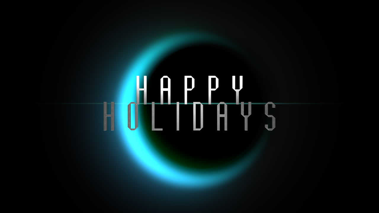Happy Holidays text with blue moon in galaxy