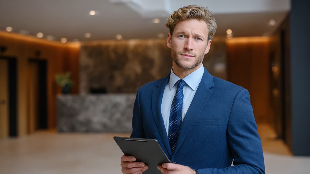 Professional Male Businessman in a Suit Holding a Tablet, Displaying Confidence in a Modern Office Lobby Environment with Stylish Interiors