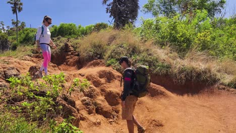 couple hiking a trail in sunny scenery