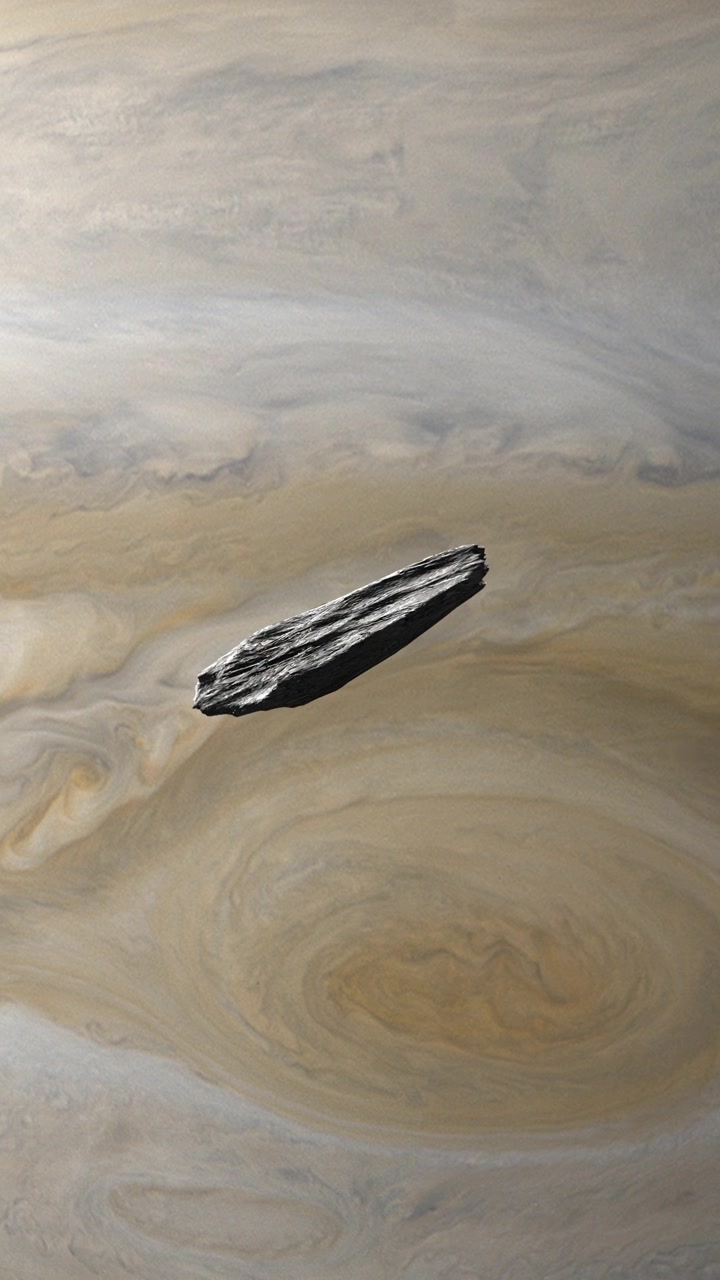 Vertical Video of Oumuamua Asteroid Interstellar Comet Visitor to Solar System Passing by Jupiter with Big Red Eye Storm on Gas Giant. 3D Science Space Animation 4K.