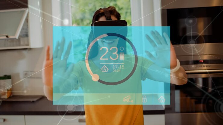 Using virtual reality headset, woman interacting with smart home interface over kitchen