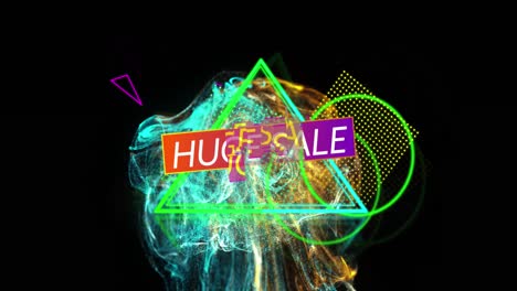 animation of huge sale text over colorful shapes and wave