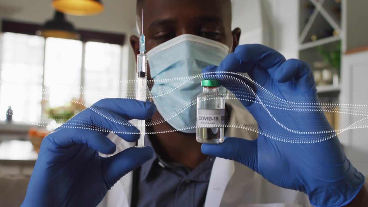 Nurse holding syringe, vial, aligning needle preparing COVID shot with dotted waveform across frame