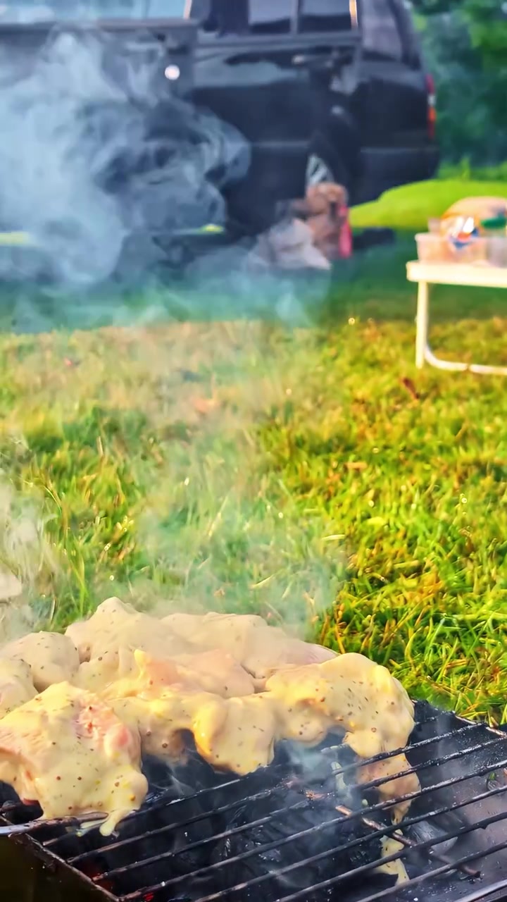 Primo piano verticale di spiedini di pollo che grigliano sulla brace con fumo denso, che mostra una cottura barbecue all'aperto sull'erba