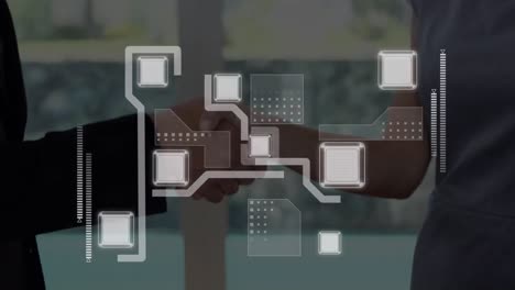 animation of network with data processing over businessman handshake