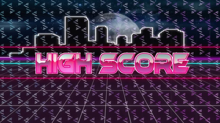 High score text over neon banner over abstract shapes in seamless pattern against cityscape