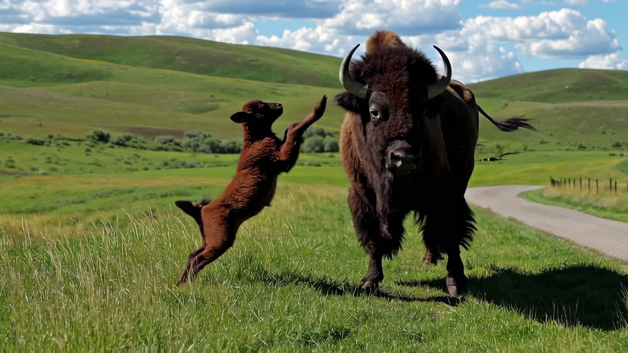 Bison Mother and Calf in a Grassy Landscape
