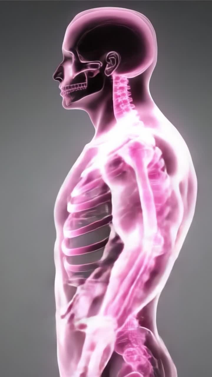 Detailed Anatomical Visualization of the Human Skeleton and Nervous System, Highlighting the Spine and Ribcage in Vibrant Pink Illustration