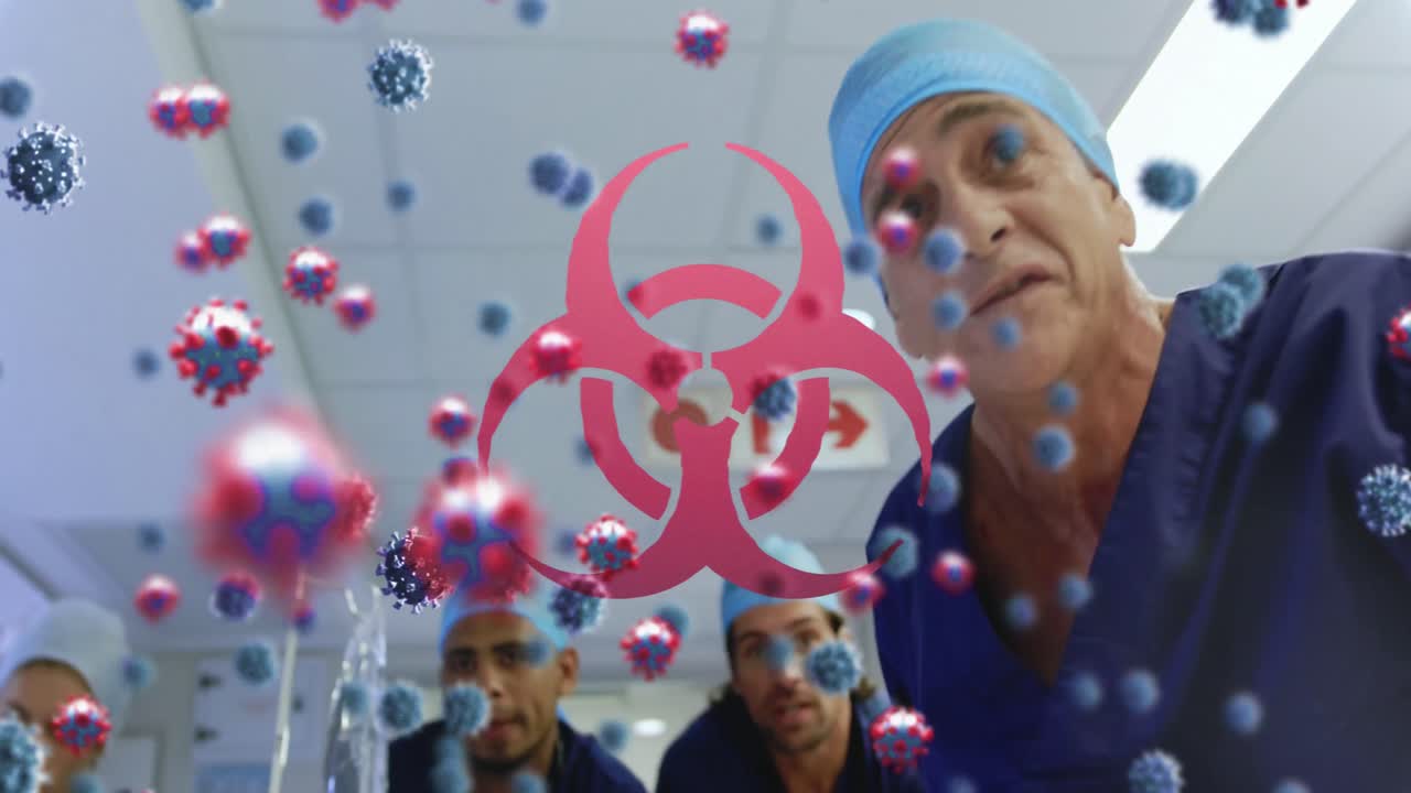 바이오 해저드 기호와 코로나19 세포가 환자를 운전하는 의사 팀과 대결합니다.