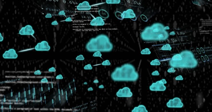Animation of processing data, charts and cloud icons transferring data on black background