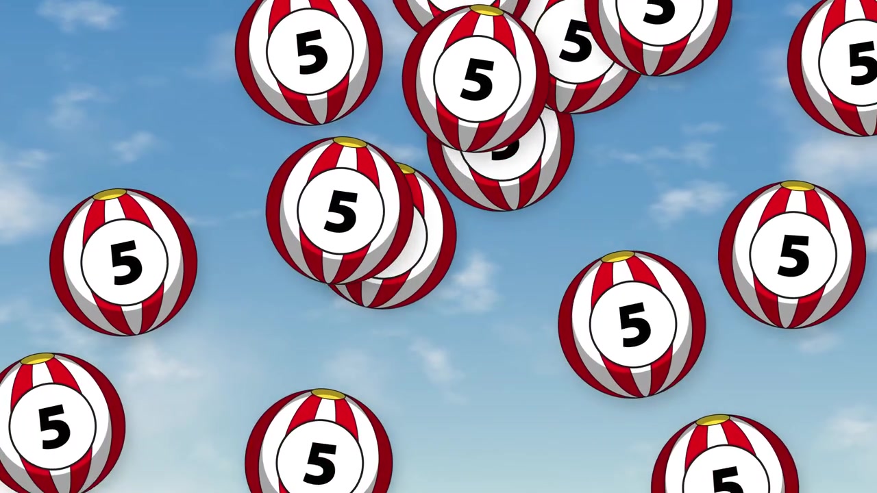 Palline della lotteria a righe animate con il numero cinque che fluttuano e rimbalzano in un cielo azzurro brillante