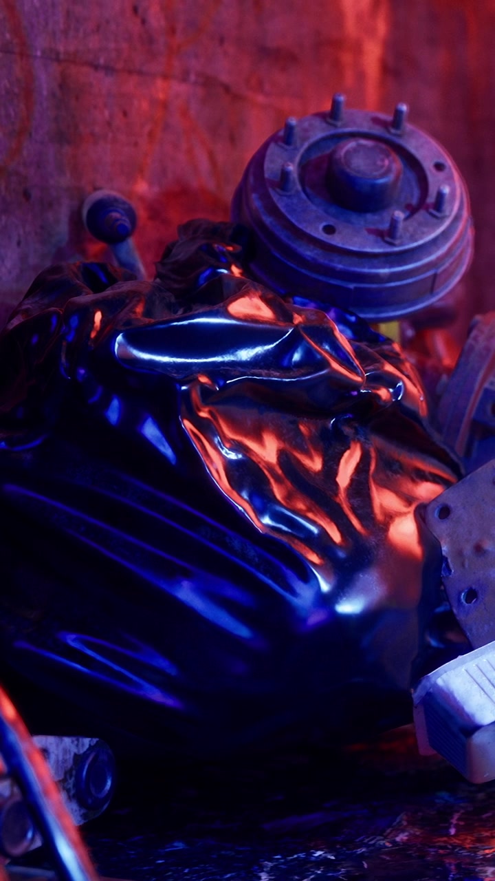 Dark bag with shiny surface beside mechanical parts in workshop setting