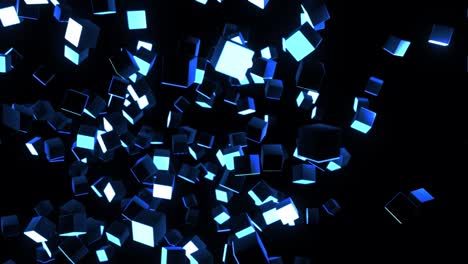 cubes with blue neon lights. abstract looped 4k dark bg light runing on cubes. bg for festive show or holiday events, exhibitions, festivals or concerts, music videos, vj loop for night clubs.