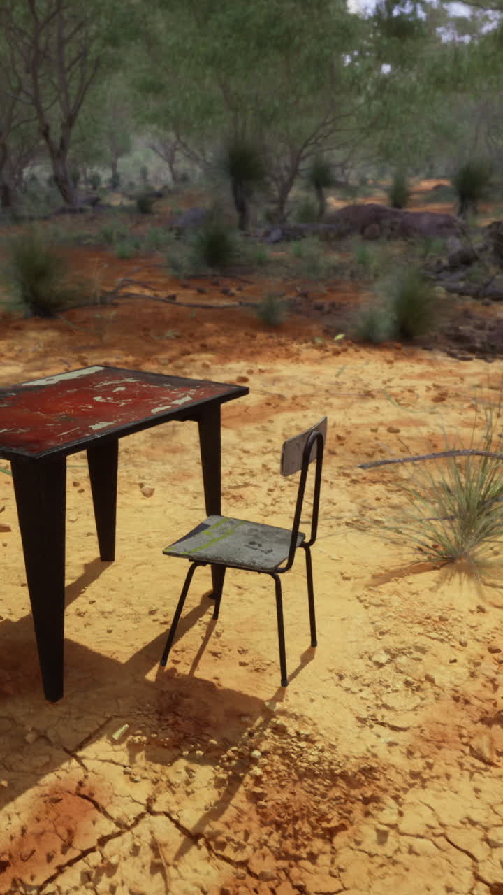 Table and chair in an arid landscape under the midday sun