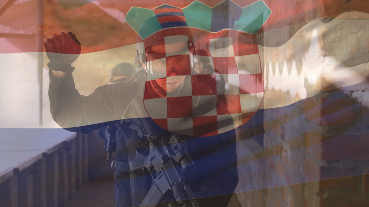 Holding rifle with Croatian flag overlay, person standing in urban area