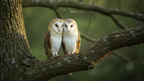 A Pair of Barn Owls Together on a Branch, Showcasing Their Unique Features and Affectionate Posture in a Serene Natural Environment