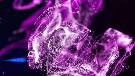 Animation of glowing pink particle waves and red and blue flashes moving on black background