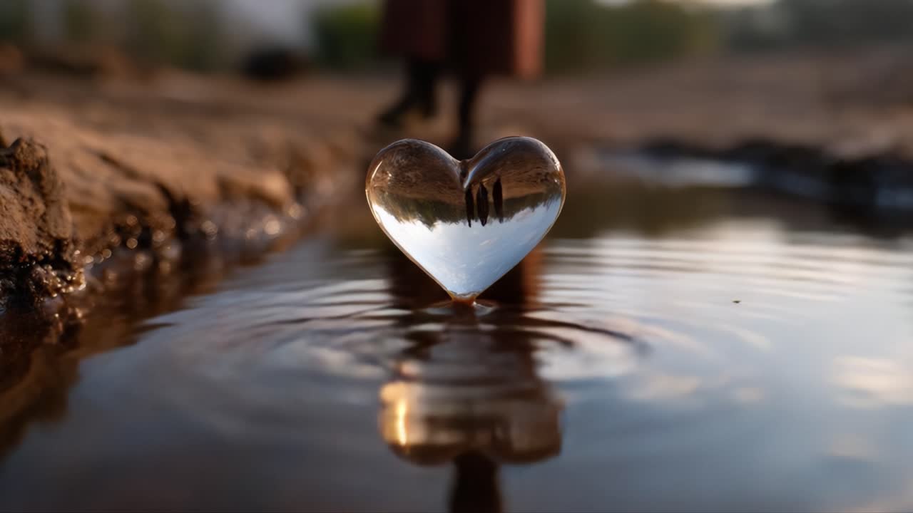 Un oggetto a forma di cuore che riflette la natura in una pozza luccicante, catturando la bellezza del riflesso e della connessione in un ambiente esterno tranquillo