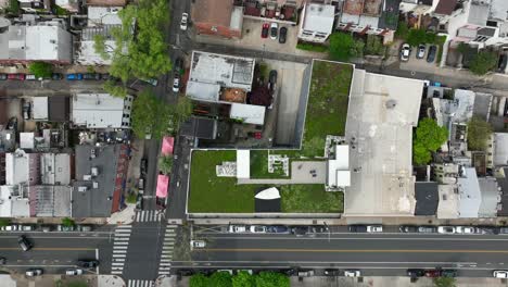 Top-down-descending-aerial-shot-of-urban-building-with-green-plants-and-grass-on-roof