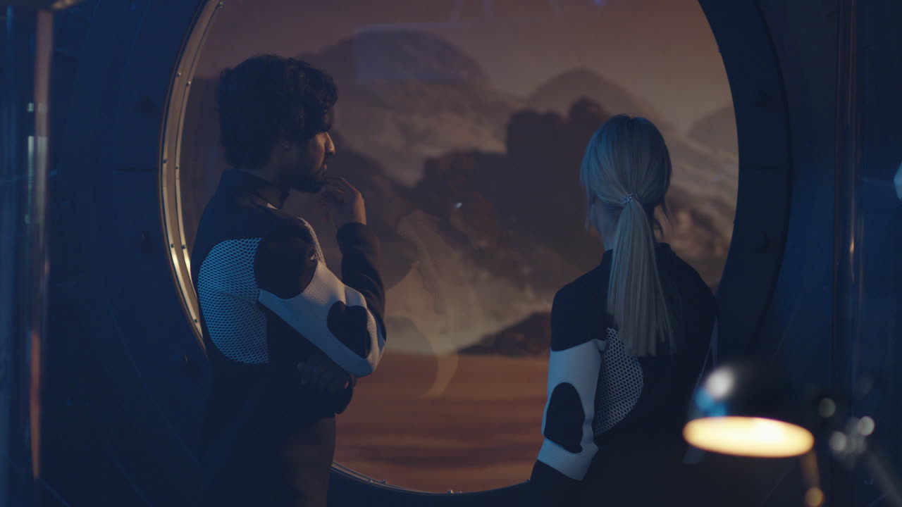 Astronauts Observing Mars Through Spaceship Window