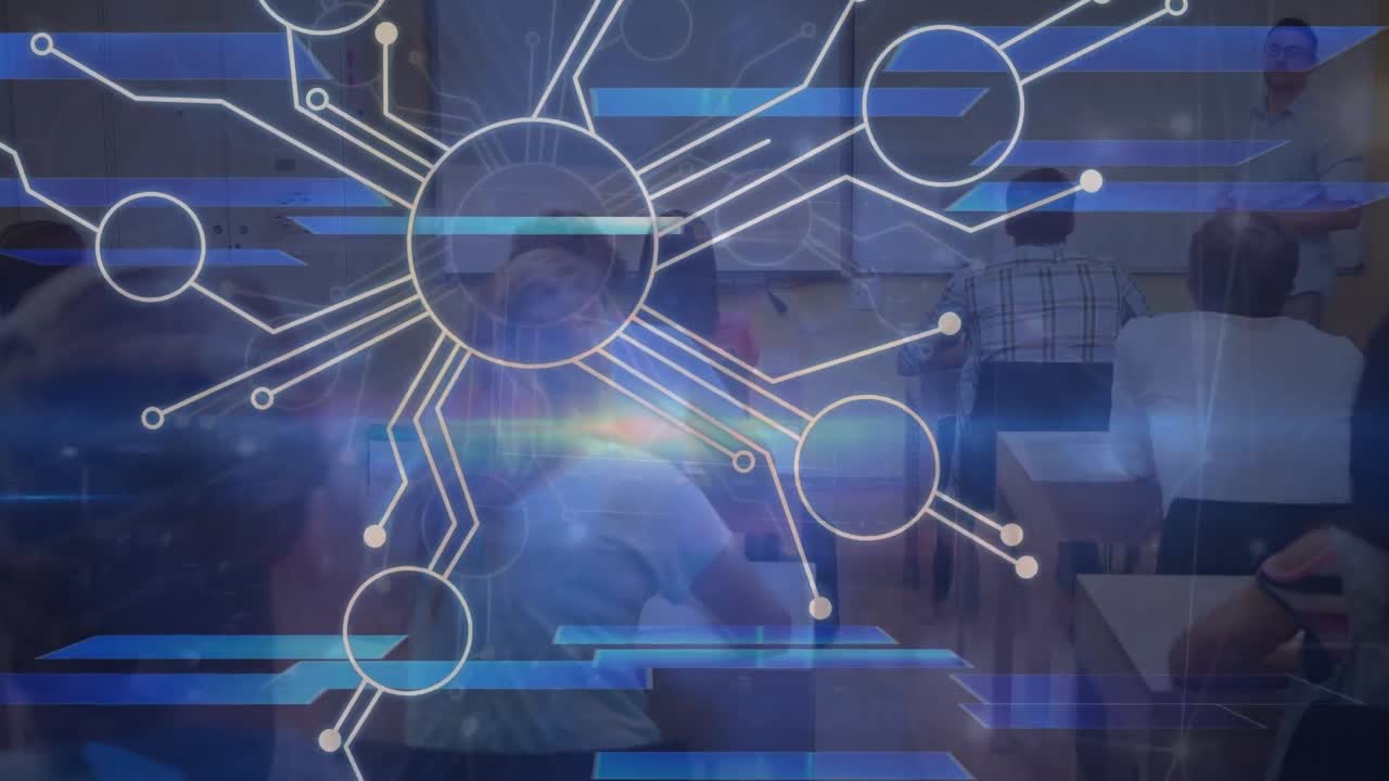 수업 중에 학생들의 뒤쪽을 보는 연결망의 애니메이션