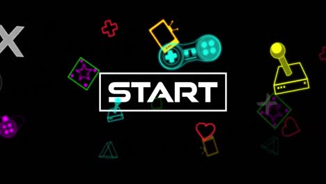 animation of start text banner over multiple video game controller icons against black background