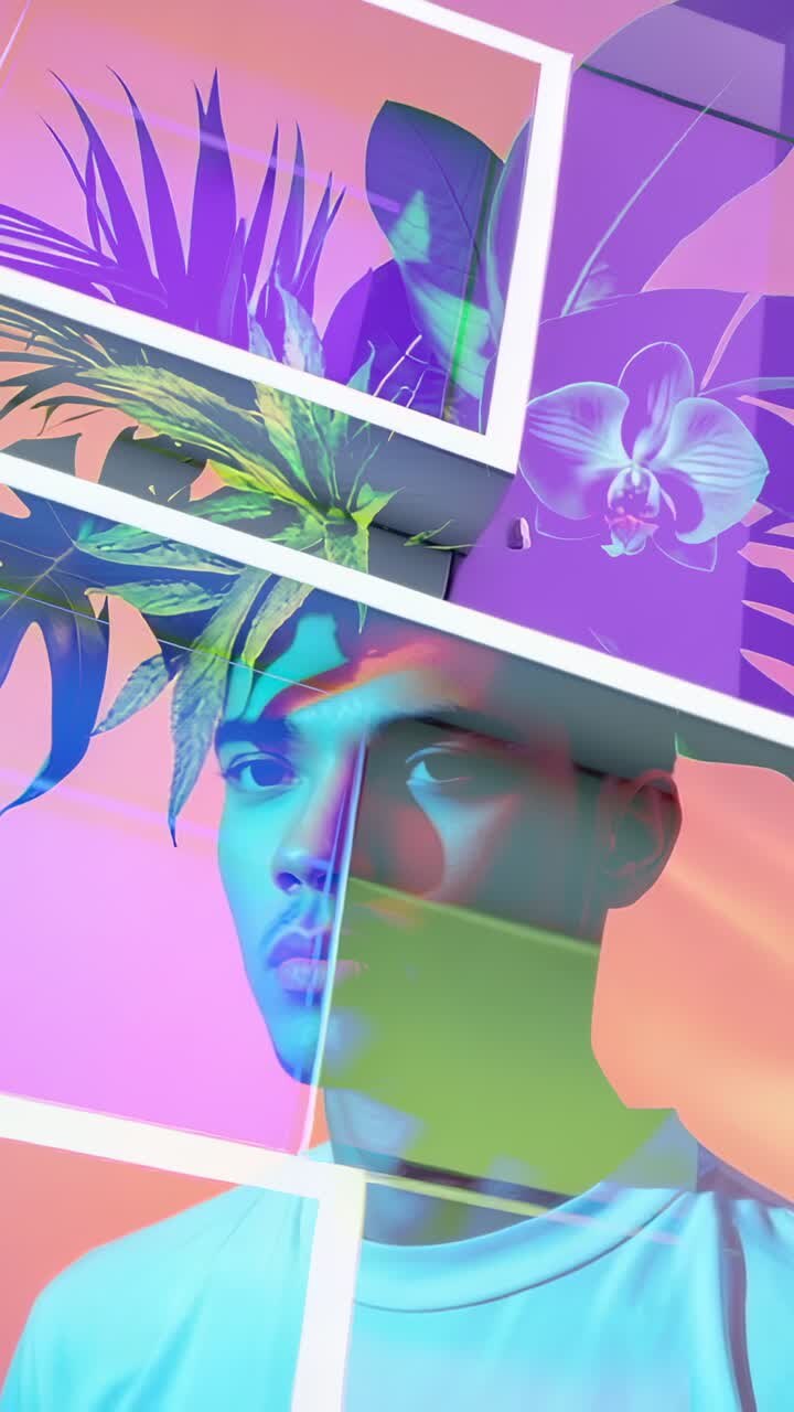 Video verticale: pannelli a griglia scorrevoli che rivelano un ritratto al neon in uno studio digitale, con fiori di orchidea