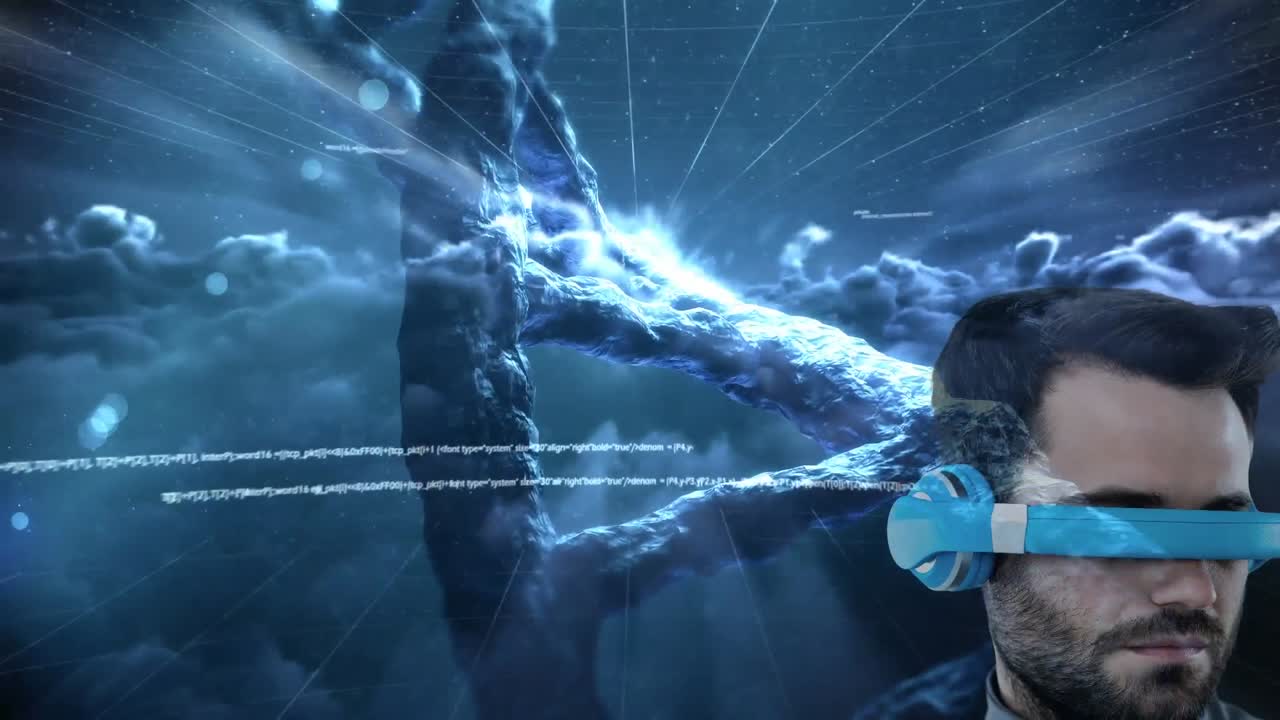 hombre caucásico con gafas vr sobre la estructura del adn y el procesamiento de datos contra nubes oscuras