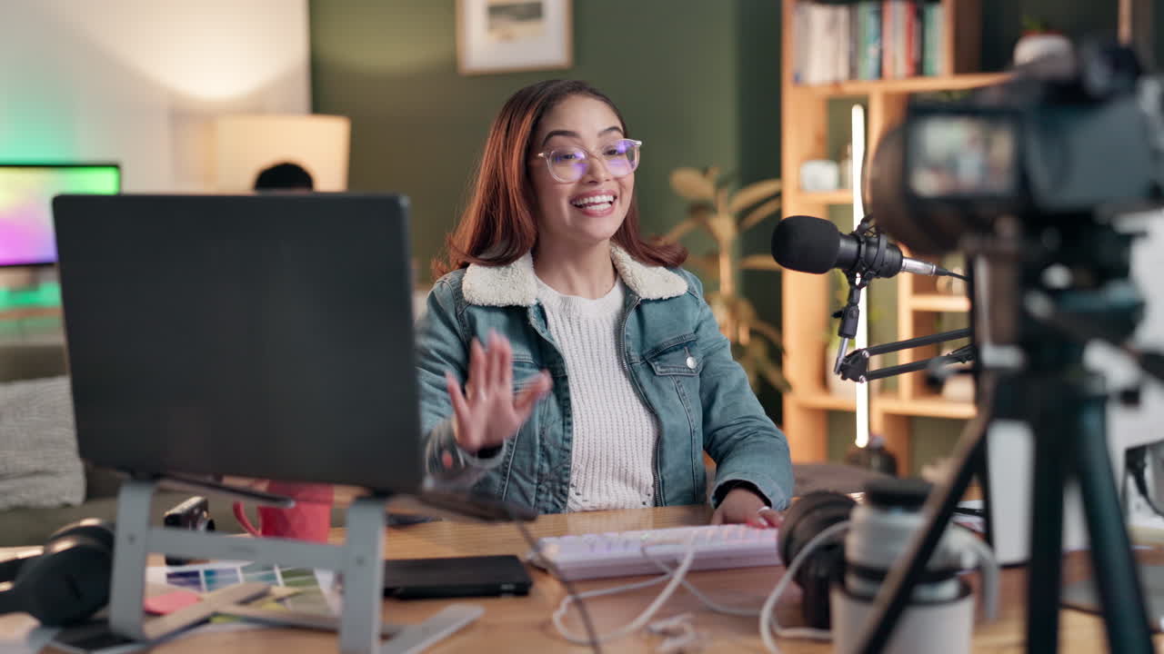 Woman Vlogging at Desk