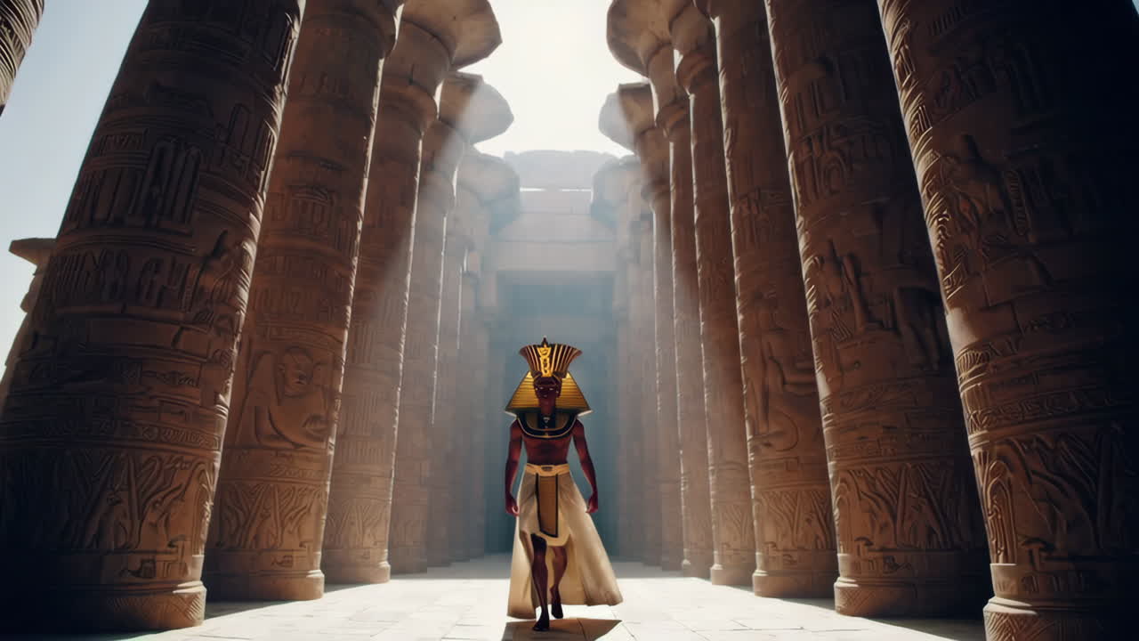 Pharaoh Walking Through Ancient Egyptian Temple