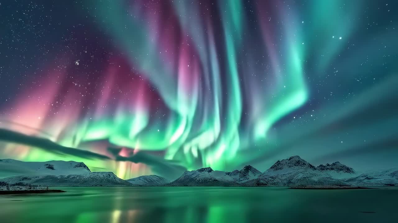 Splendido video grandangolare dell'aurora boreale sopra montagne innevate e un lago calmo