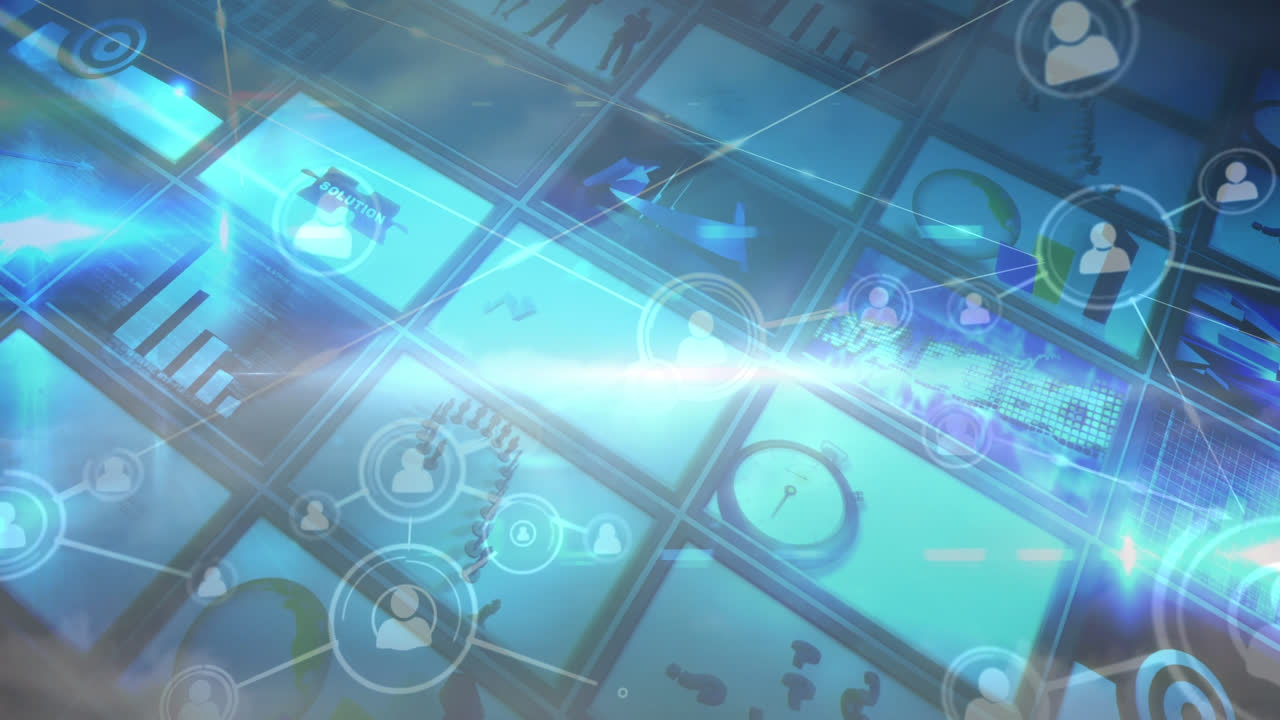 animación de la red de conexiones a través de pantallas con datos diversos