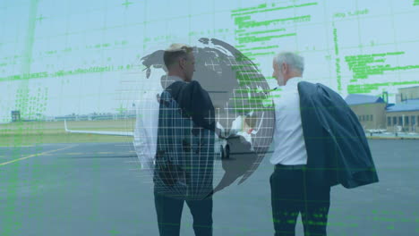 spinning globe and data processing over caucasian two pilots talking while walking on airport runway