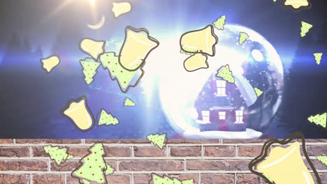 chritsmas tree and bell icons falling over shooting star spinning around house in a snow globe