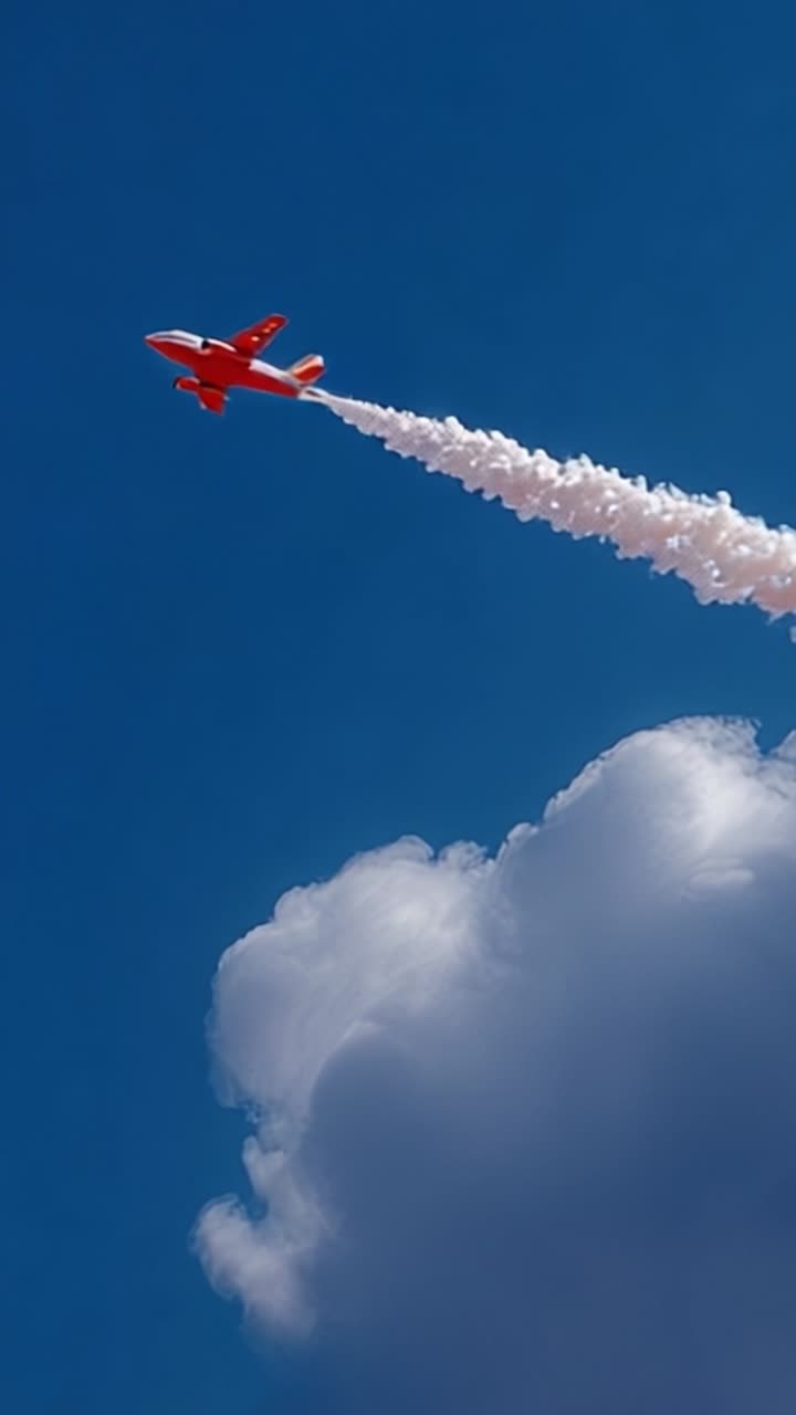 Aereo dinamico in volo con scia di condensazione contro un cielo azzurro limpido e nuvole bianche e soffici: uno spettacolo mozzafiato di aerodinamica ed eccellenza aeronautica.