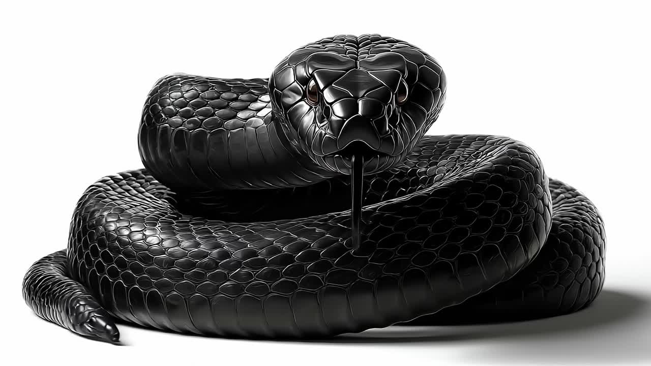 A black snake with its mouth open on a white background