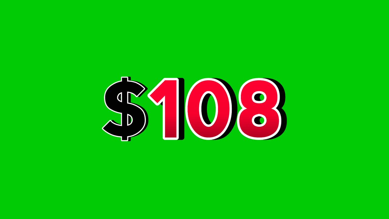 Animation number $108 dollar sign motion graphics, red font with white and black outlines green screen background vibrant red numbers. Video 3D effect with shadows for video elements business concept