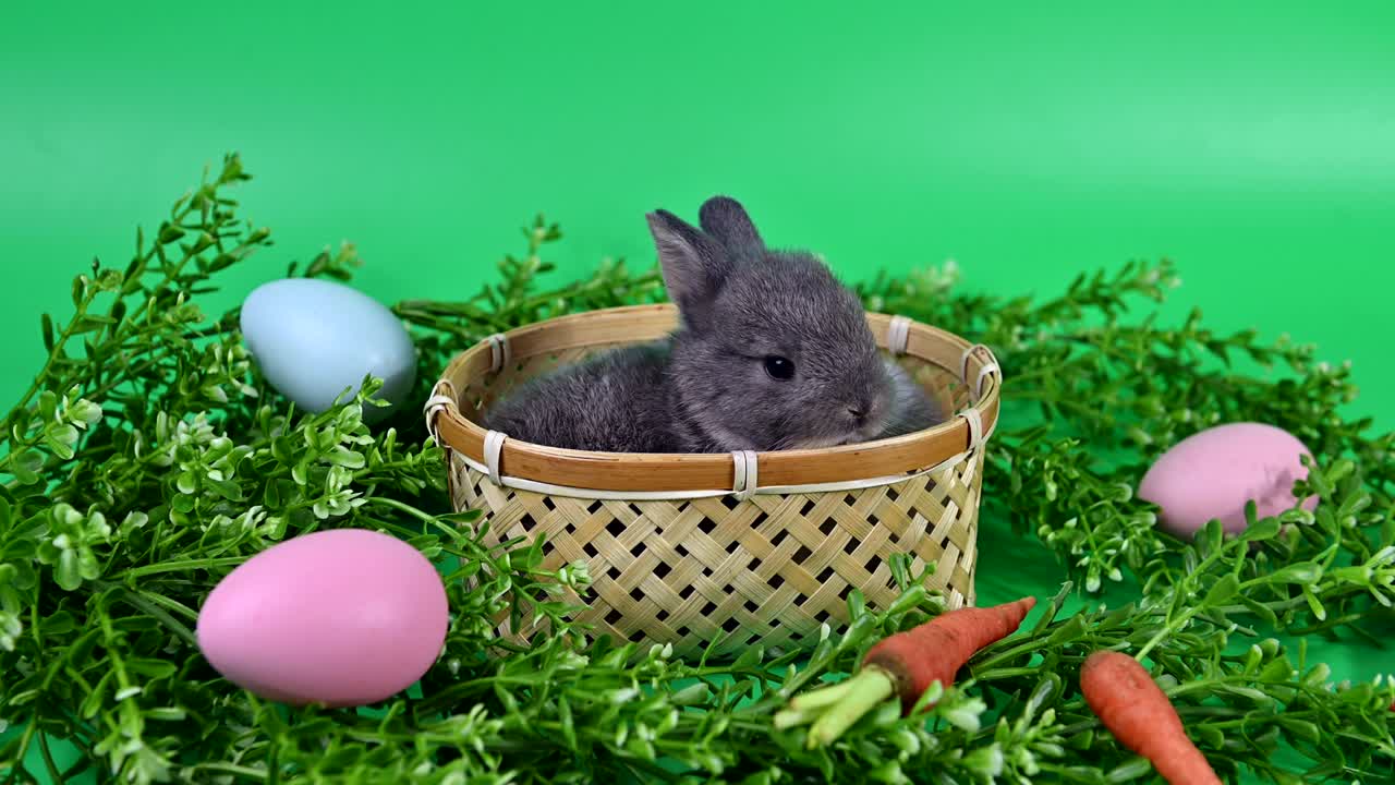 초록색 스크린 배경에 토끼. 영 동물과 부활절에 대한 똑똑한 애완동물