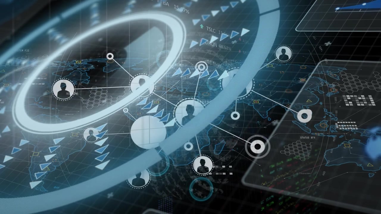 Animation of graphical circle, trading board, map, displays and profile icons connecting with lines