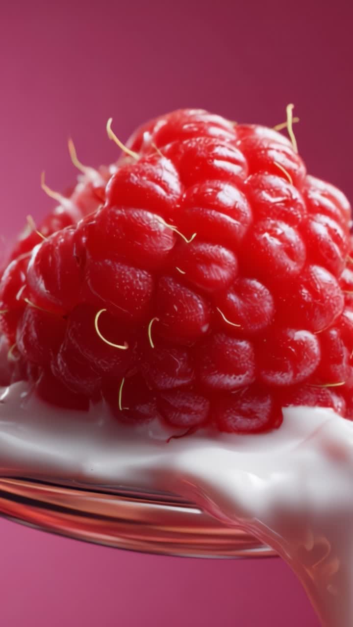 A Close-Up of a Delicious Raspberry Resting on a Spoon with Smooth Cream, Epitomizing Freshness and Vibrant Color in a Captivating Culinary Presentation