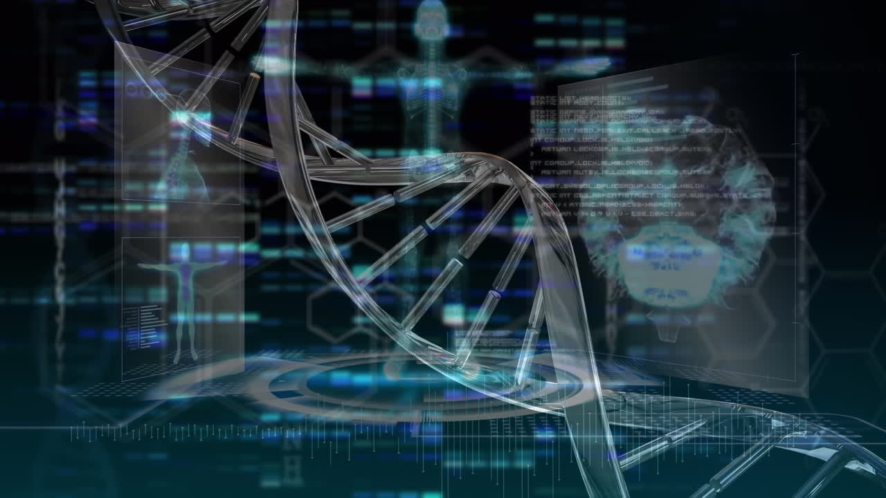 Animation of human brain, dna strand spinning and data processing